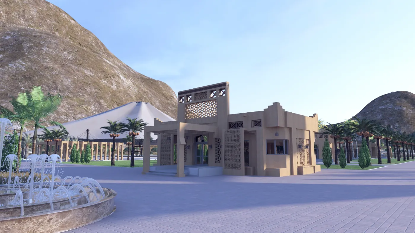 مبنى المدخل بطابع معاصر مستلهم من العمارة النجدية بمشربيات مفرغة، من جهة نافورة الساحة الأمامية.