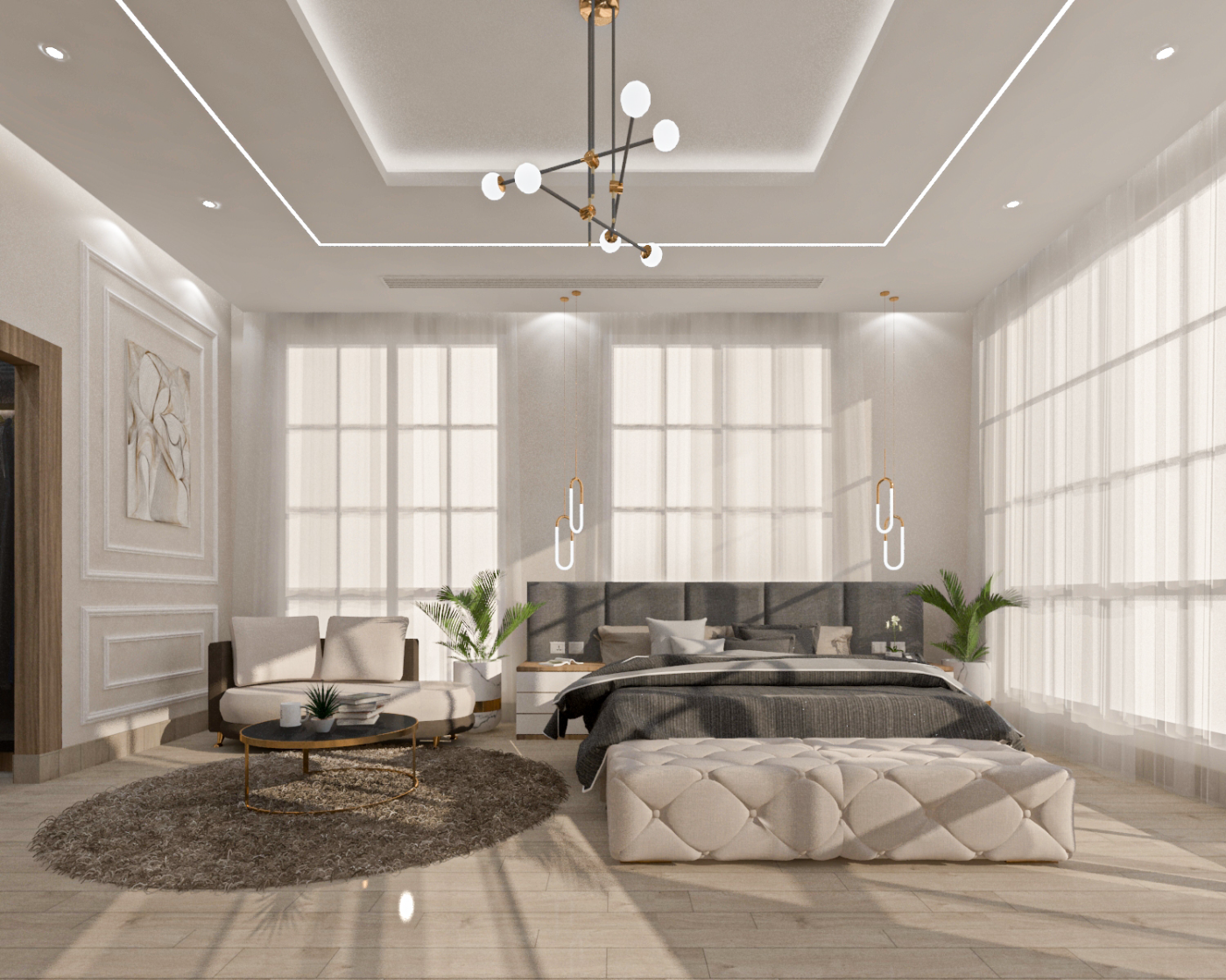 تصميم داخلي لغرفة نوم ثانية بستائر شفافة بكامل الارتفاع وكرنيش إضاءة خطي بالسقف.