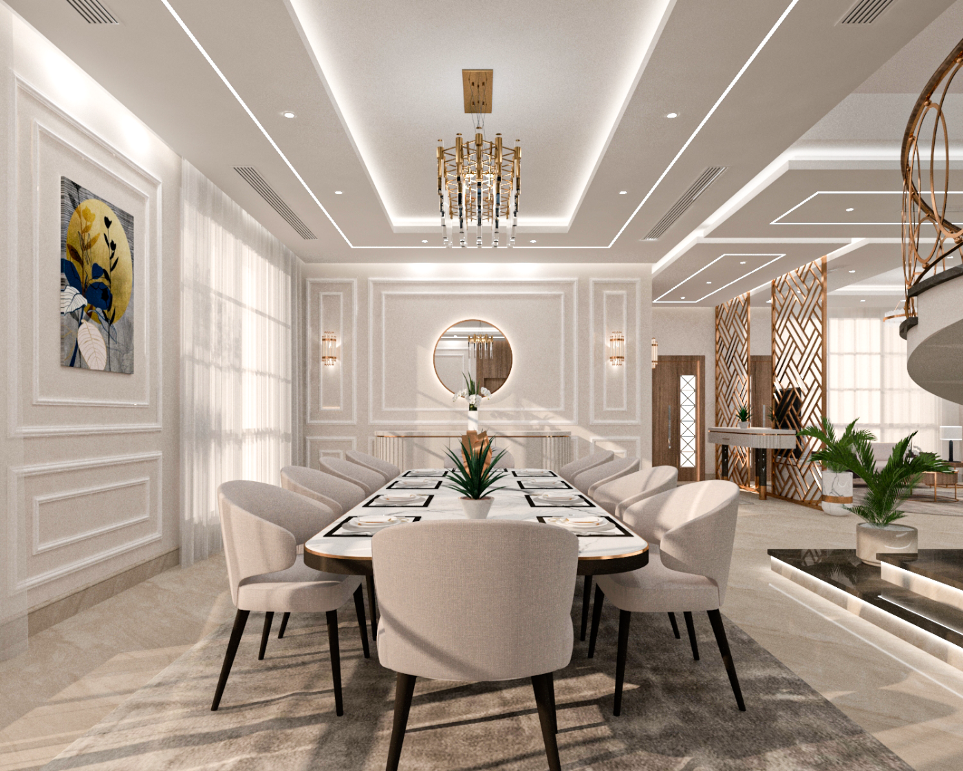 تصميم داخلي لصالة الطعام بطاولة سطحها رخامي وكراسي منجدة وشاشة خشبية هندسية باتجاه المدخل.