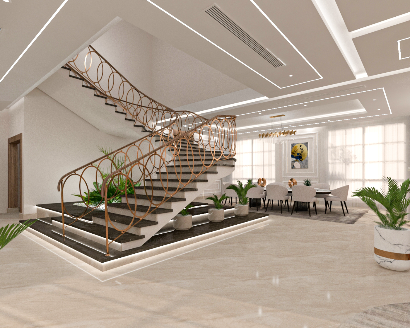 تصميم داخلي للدرج الرئيسي بدرابزين حلقي ذهبي وردي وزراعة على امتداد البسطة.