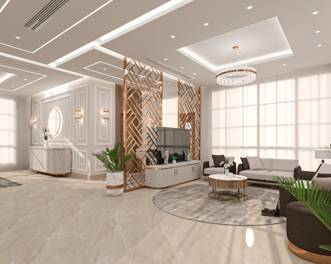 تصميم داخلي لصالة جلوس عائلية بشاشة فاصلة هندسية من الخشب والمعدن وطاولة قهوة دائرية.