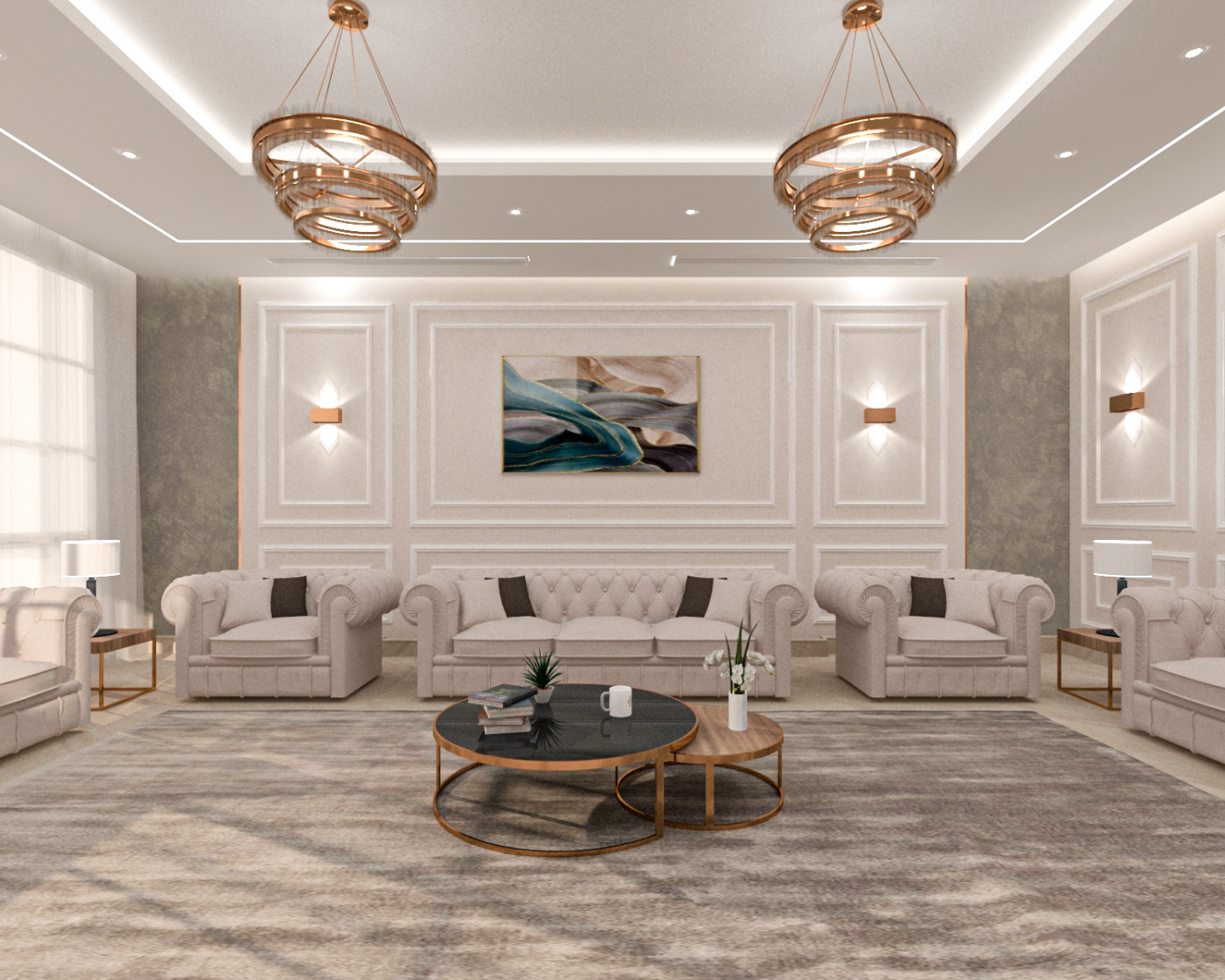تصميم داخلي لمجلس رسمي بمقاعد طراز تشسترفيلد مصفوفة على جدران بألواح بارزة.