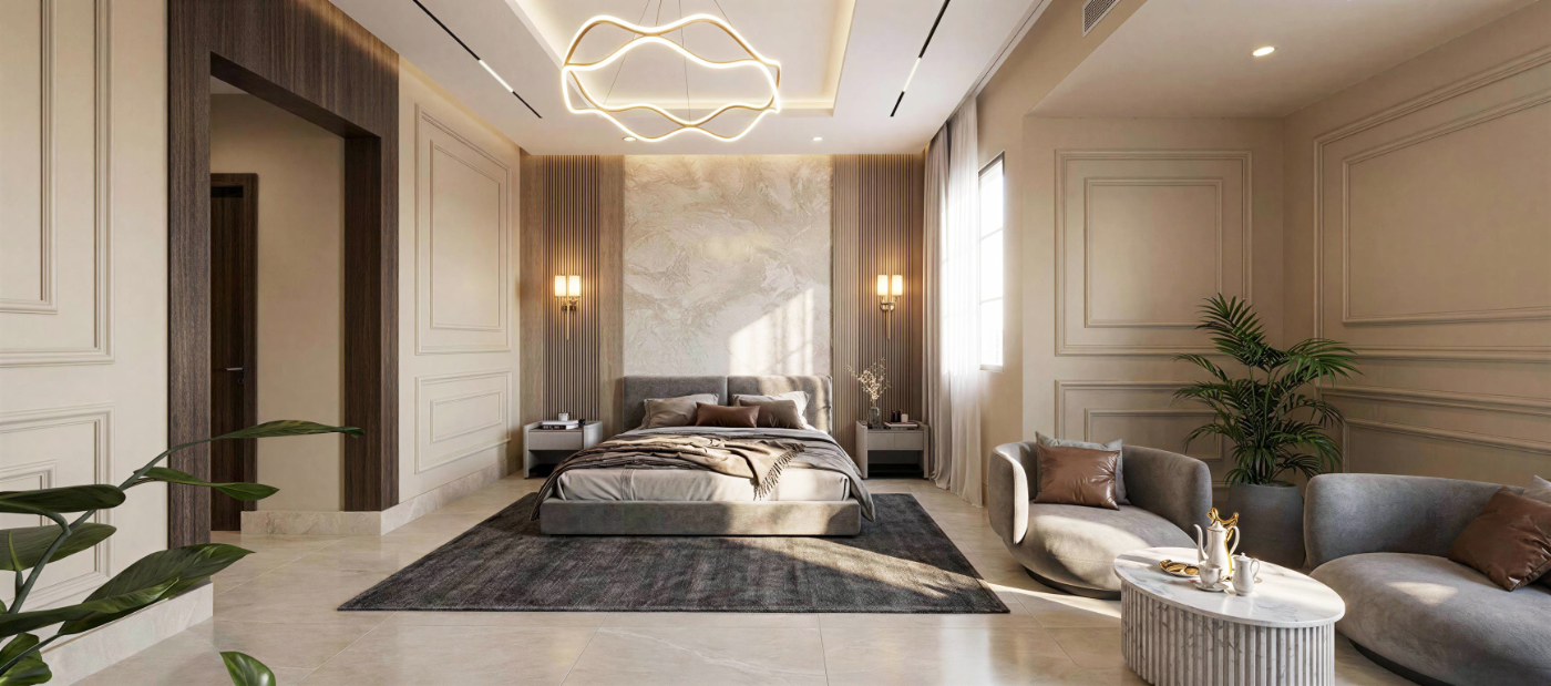 تصميم داخلي لغرفة النوم الرئيسية بإضاءة معلّقة متموجة وجدار رخامي بارز وركن جلوس.