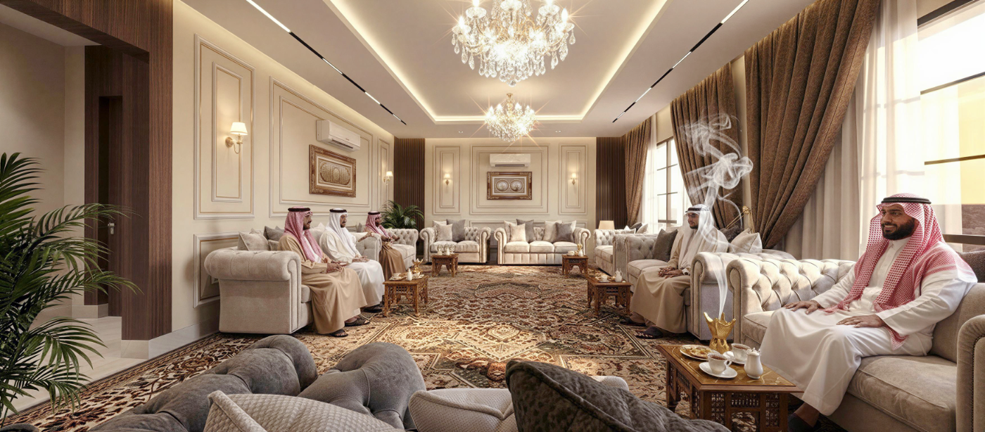 تصميم داخلي لمجلس رسمي بصفوف مقاعد منجدة متقابلة وثريات كريستالية وسجادة بزخارف.