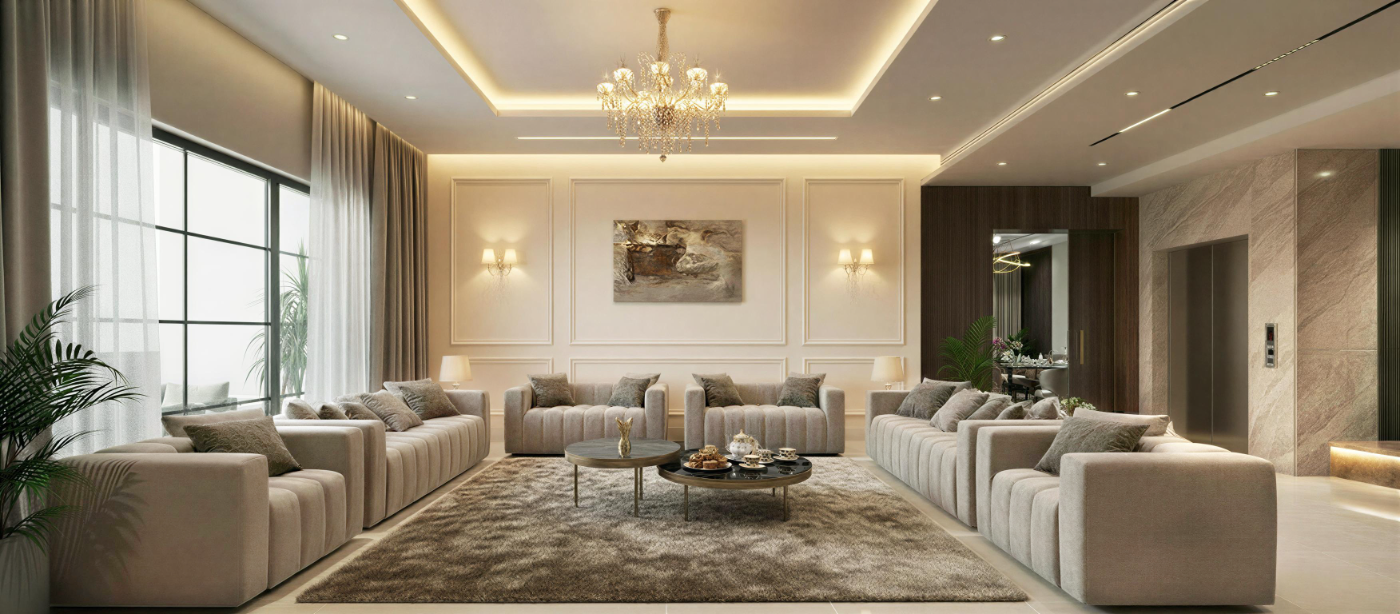 تصميم داخلي لصالة طعام رسمية بطاولة رخامية طويلة وكراسي منجدة وثريا كريستالية.