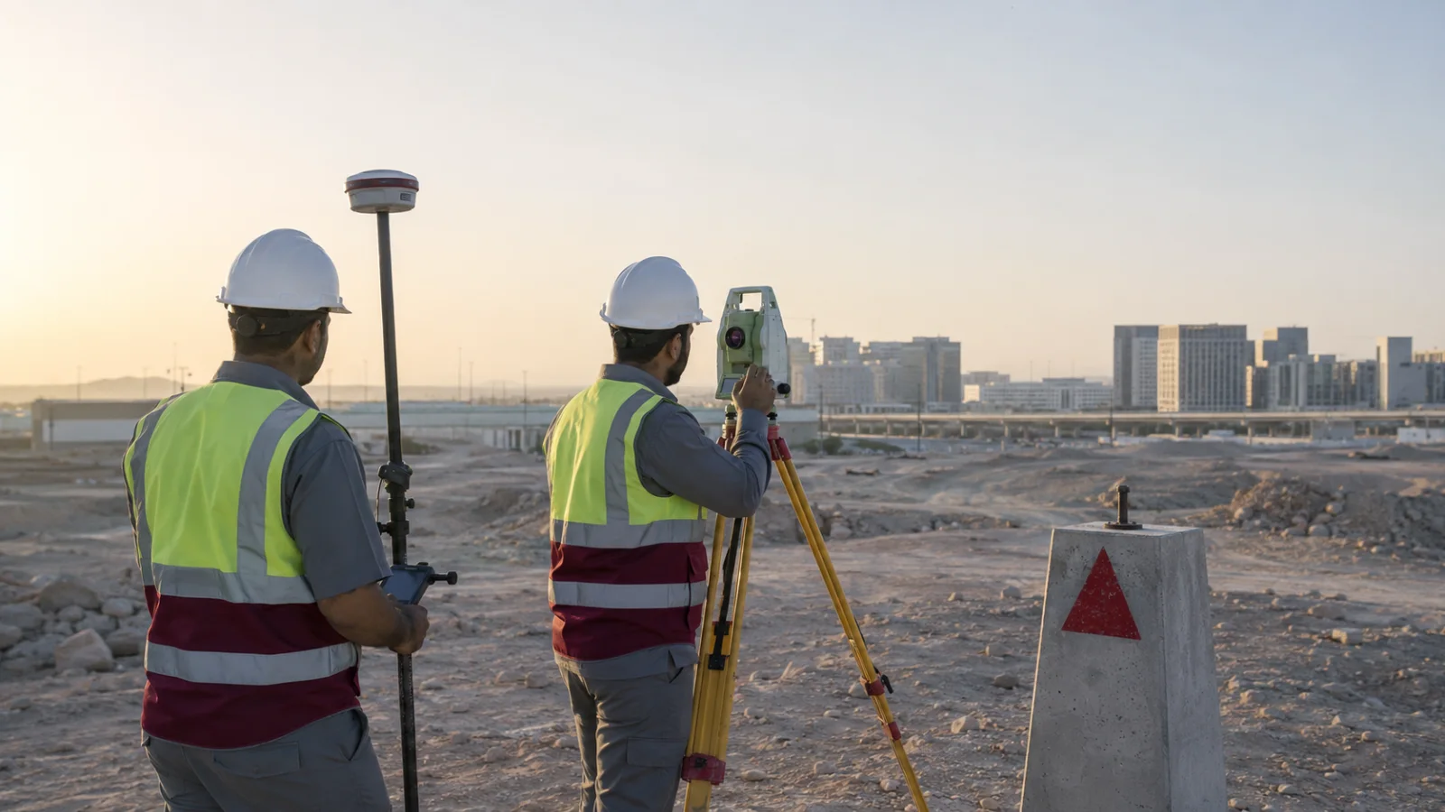مهندسو مساحة يستخدمون محطة رصد شاملة وجهاز GNSS بجانب علامة ضبط في الموقع