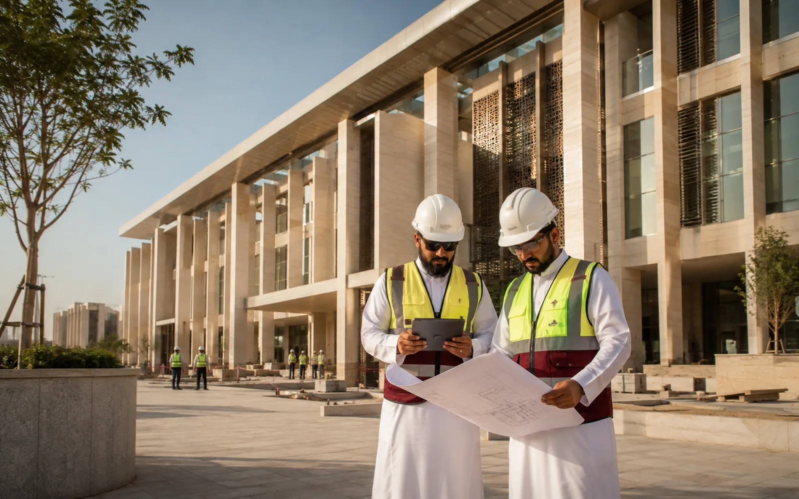 مهندسو موقع يراجعون المخططات أمام مبنى قارب على الاكتمال