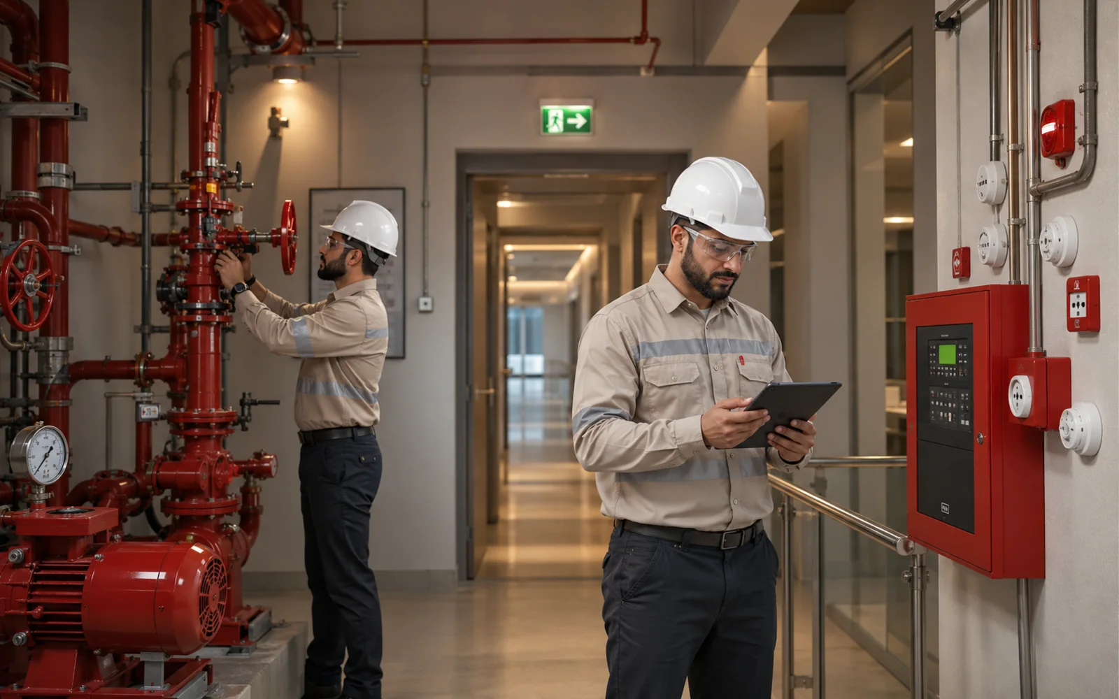 مهندسون يفحصون لوحة إنذار الحريق وغرفة مضخات المرشات