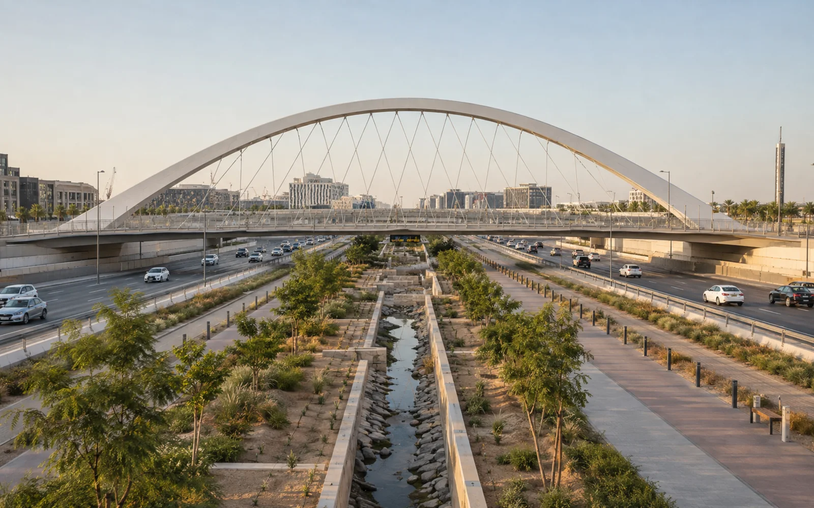 جسر مقوس فوق طريق حضري مع ممر تصريف منسق