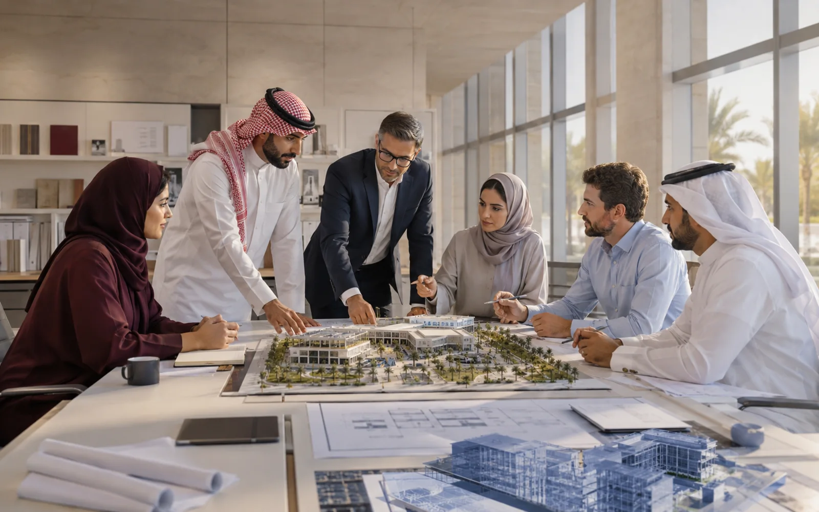 فريق مشروع يراجع مجسم المخطط العام والمخططات في اجتماع
