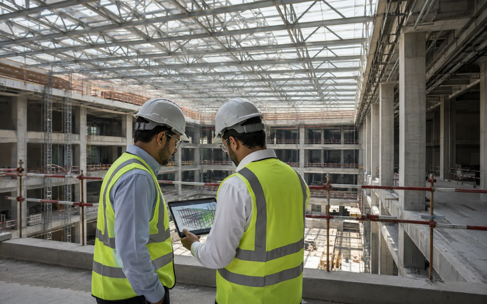 مهندسون يراجعون هيكل سقف معدني في مبنى قيد التنفيذ
